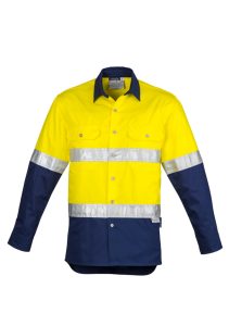 Mens Hi Vis Spliced Industrial Shirt - Hoop Taped Yellow/Navy 7XL