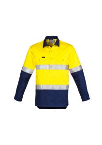 Mens Hi Vis Closed Front L/S Shirt - Hoop Taped Yellow/Navy 7XL